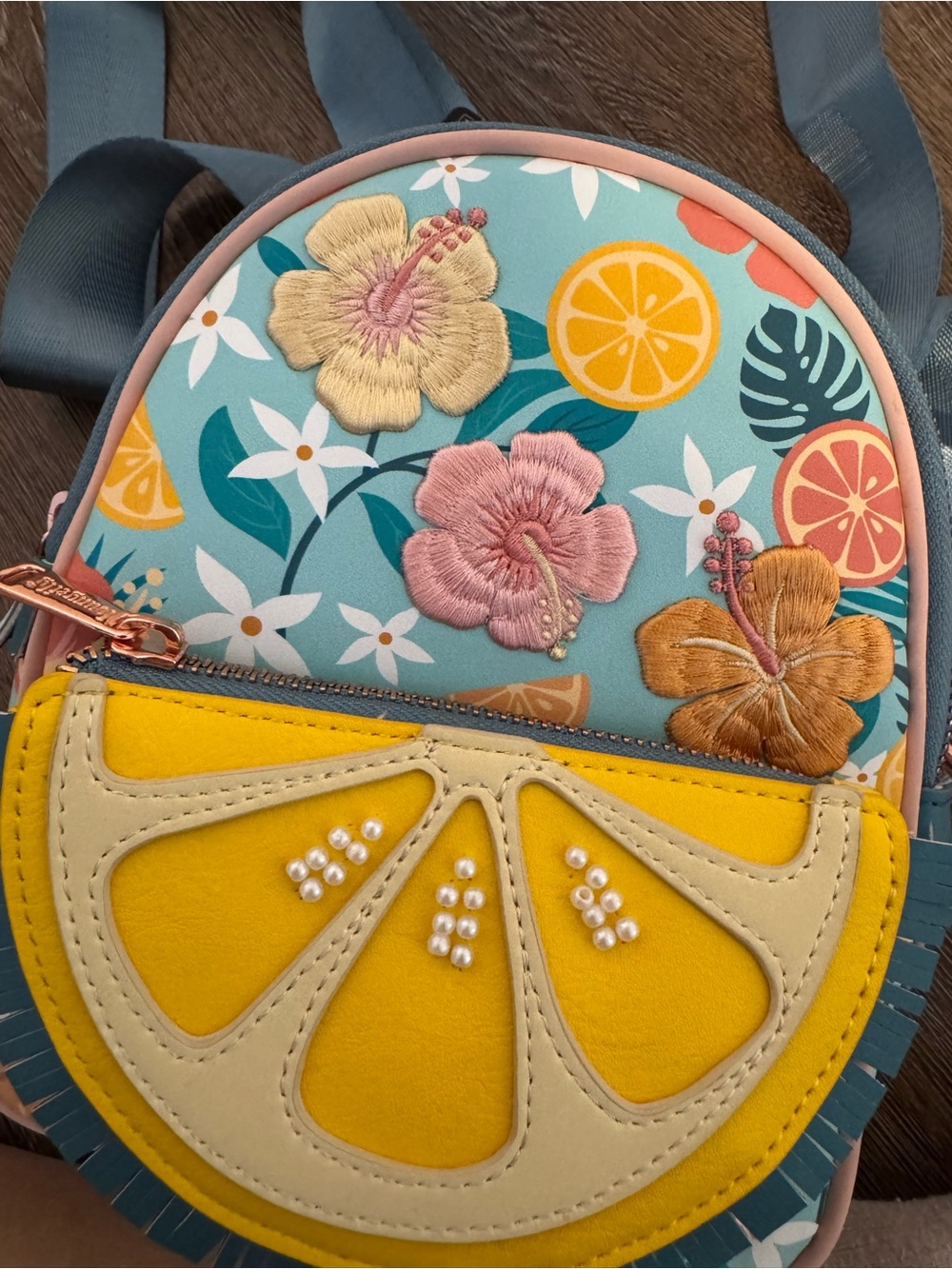 Loungefly Kids Floral Citrus Mini Backpack in Teal, Yellow & Pink - Picture 4 of 6